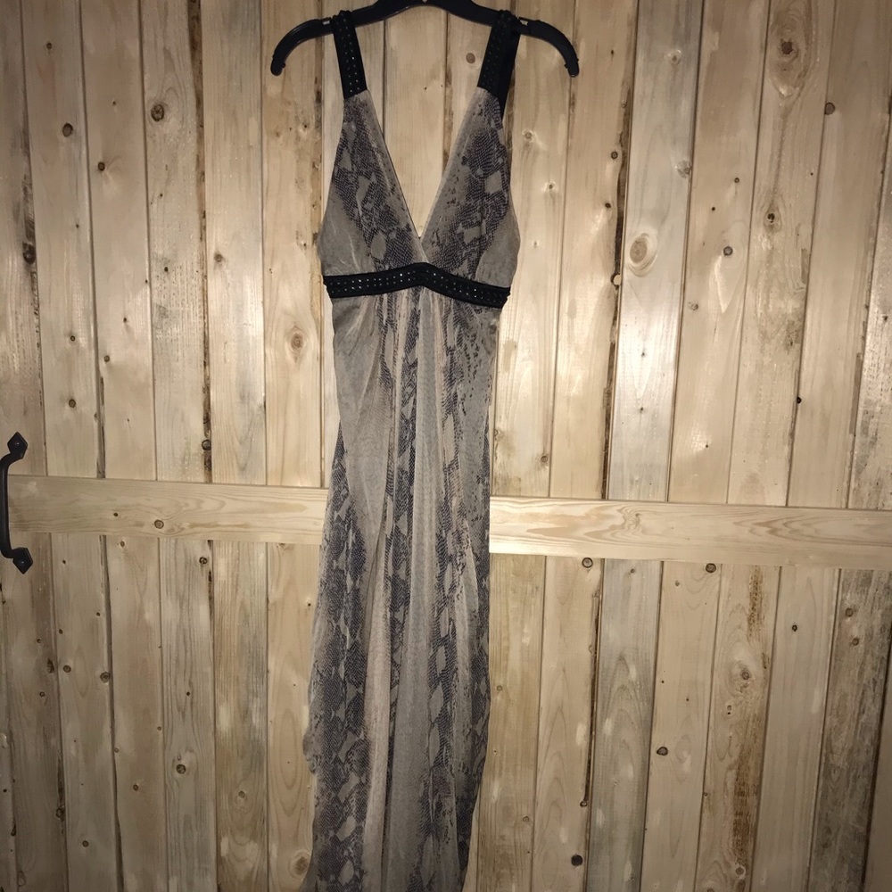 S BEBE Silk Python Print Cutout Side-Rouged Maxi